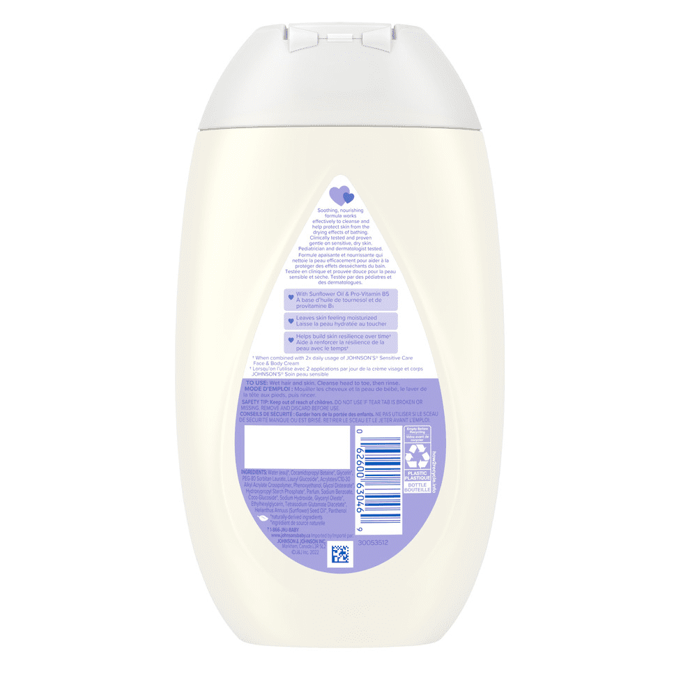 Panneau arrière du flacon de 400 ml du nettoyant et shampoing JOHNSON’S® Soin peau sensible